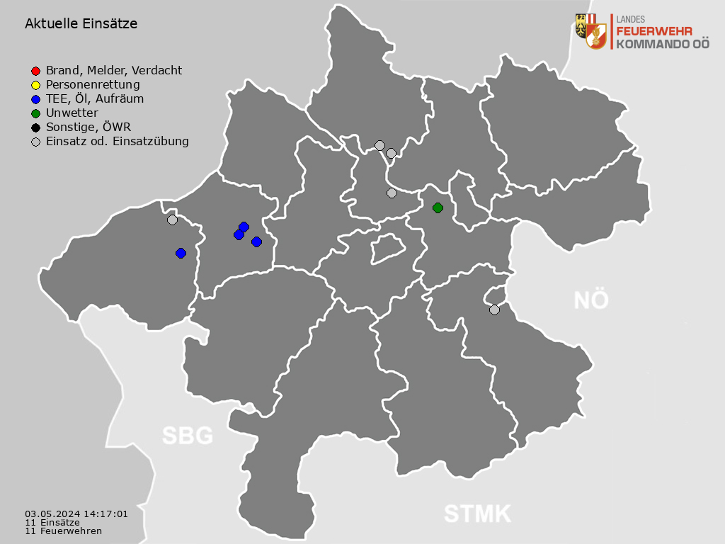 Aktuelle Einsätze in Oberösterreich angezeigt auf einer Karte.